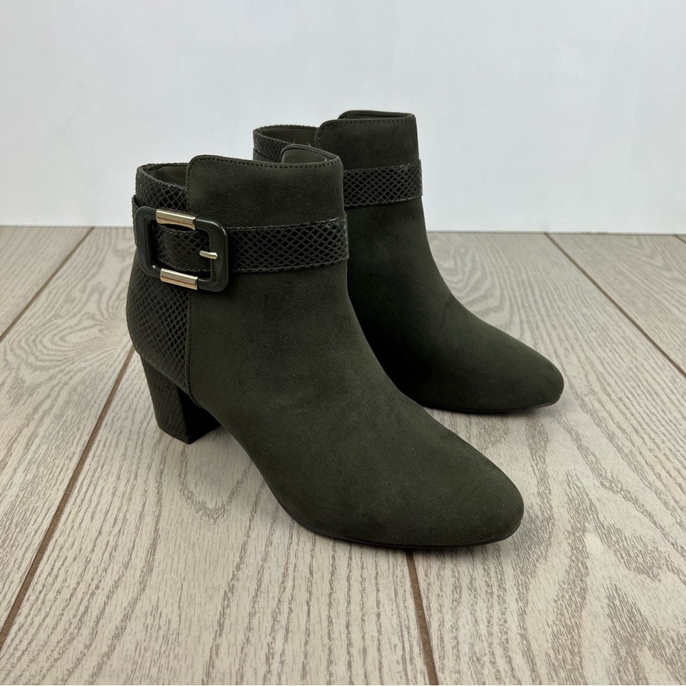 Karen Scott Women's Ivyy Mixed-Media Buckle Booties 7W Olive Green $70